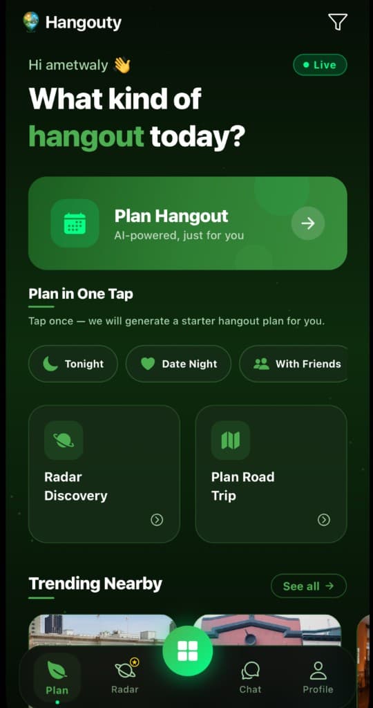 Hangouty home screen β plan your hangout